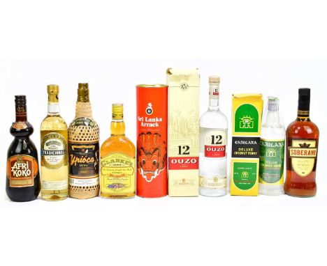 A mixed collection of various spirits to include Clarke's Bourbon, Sri Lanka Arrack, Afrikoko chocolate coconut liqueur, Sobe