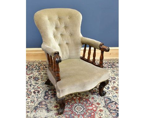 A Victorian button back upholstered library chair, height 90cm.
