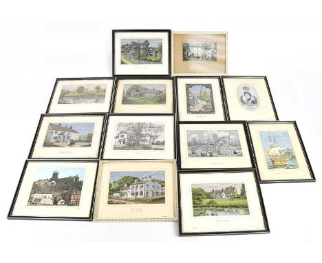 A collection of thirteen framed Macclesfield silks to include the 1977 Silver Jubilee, The Hanging Gate, Old Macclesfield, Ga