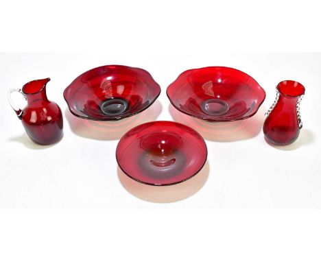 A group of five Whitefriars ruby red glasses, to include two bowls, a dish, a jug and a vase.