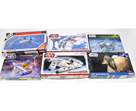 FINE MOLDS; six boxed Star Wars model kits to include, Nabu Starfighter, Snow Speeder, etc.