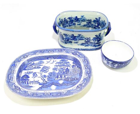 A blue and white transfer decorated meat plate, 55 x 44cm, together with a blue and white transfer decorated planter and bowl