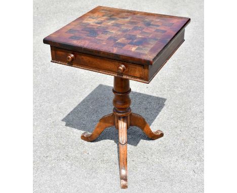 A Victorian chess top inlaid single drawer side table on tripod supports, height 70cm, width 50cm, depth 50cm.