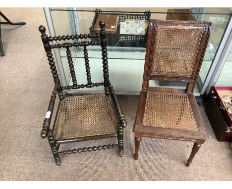 A Victorian stained bobbin and cane seated child's elbow chair, also a further child's chair with cane back and seat on turne