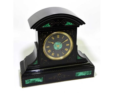 A large slate mantel clock with green marble insert, the dial set with Roman numerals, height 43cm.Condition Report: Complete