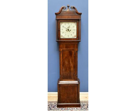 A 19th century mahogany eight day longcase clock, the painted square white enamel dial indistinctly signed Shrewsbury, and wi