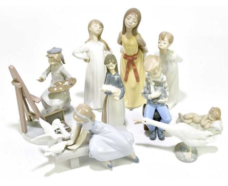 LLADRO; a collection of eight ceramic figures and models including 5363 'Girl Artist' (lacking picture and paint brush), 'Sle