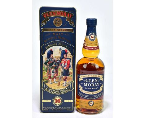 WHISKY; a single bottle of Glen Moray Speyside Single Malt Scotch whisky, aged 16 years, 40%, 700ml, cased.