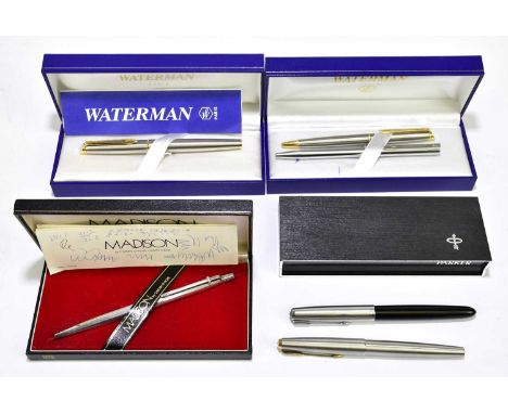 WATERMAN; a boxed fountain pen, and two ballpoint pens, also two Parker fountain pens and a Madison pen. 