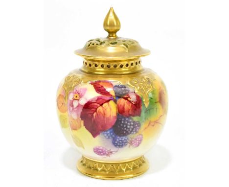 K BLAKE FOR ROYAL WORCESTER; a hand painted potpourri pot and cover, decorated with fruit and leaves, height 13cm.