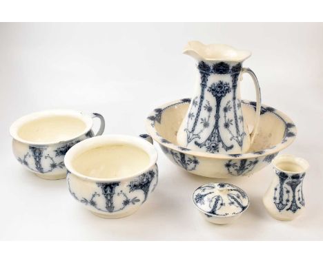 MIDDLEPORT POTTERY; six pieces of ceramics to include a wash basin, a jug, a vase, a lidded pot and two chamber pots.