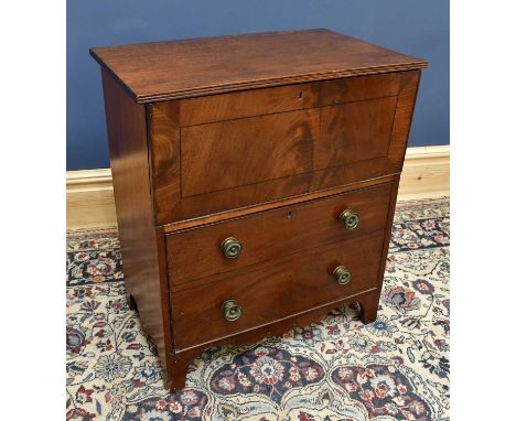 A mahogany commode chest with hinged cover and pull-down front and single base drawer converted to a bottle stand, width 65cm