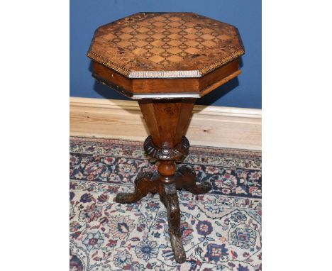 A Victorian inlaid walnut chess top sewing table, height 74cm.