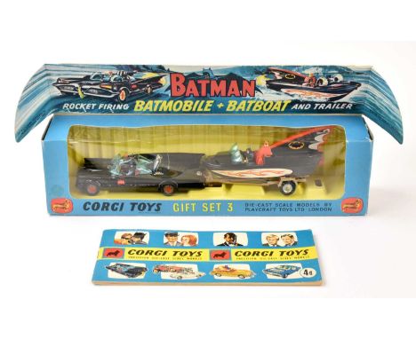 CORGI; a boxed gift set, no.3, Rocket Firing Batmobile, Batboat and Trailer, with open instruction pack which includes the ba