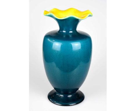 LINTHORPE; a large Art Pottery vase, with wavy rim, decorated in a crystalline turquoise glaze, with yellow glaze to the inte