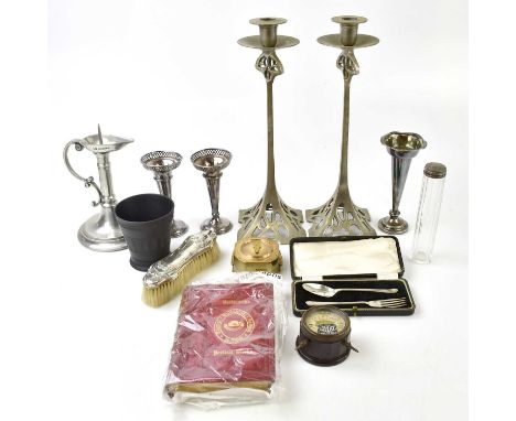 A decorative pair of modern Art Nouveau inspired candlesticks, a cased pair of hallmarked silver spoon and fork, a reproducti