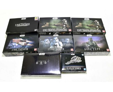 BAN DAI; eight boxed Star Wars models to include B-Wing Star Fighter, a Blockade Runner, a Scout Trooper &amp; Speeder Bike, 