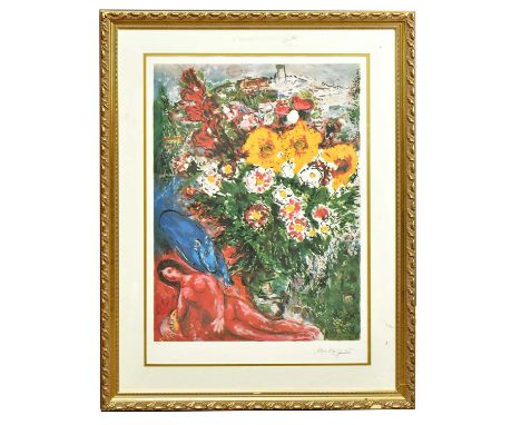 † MARC CHAGALL; a signed limited edition print, 'Red Dress (Les Soucis)', signed lower right, 178/500, 61 x 87cm, framed and 