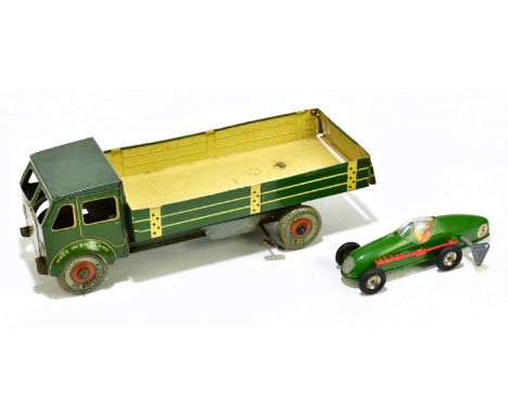A vintage clockwork tin plate flatbed lorry with Dunlop tyres, length 27cm, together with a Tri-ang minic clockwork racing ca