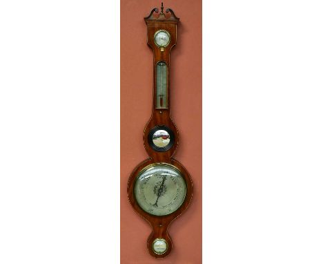A 19th century inlaid mahogany wheel barometer with silvered dial, height 95cm, with an early 20th century mantel clock retai