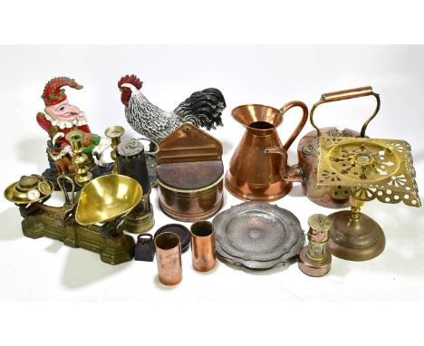 A quantity of assorted metalware, including copper kettle, jug, salt box, miner's lamp, scales with weights, two doorstops, e