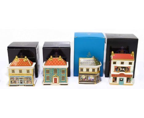 ROYAL CROWN DERBY; four paperweights comprising 'The Royal Top Shop', 'Mulberry Hall', 'The Royal Book Shop' and 'The Special