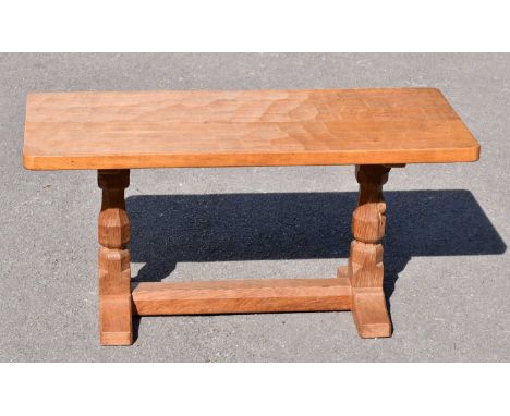 THE WORKSHOP OF ROBERT 'MOUSEMAN' THOMPSON; a refectory oak coffee table with adzed top, length 91cm, depth 37.5cm, height 44