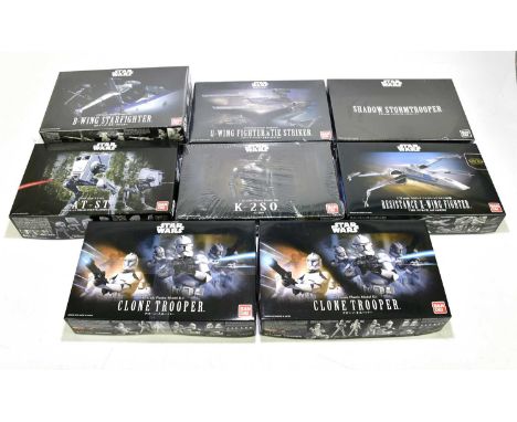 BAN DAI; eight boxed Star Wars model kits to include B-Wing Star Fighter, U-Wing Fighter &amp; Tie Striker, AT-ST K2SO, etc.