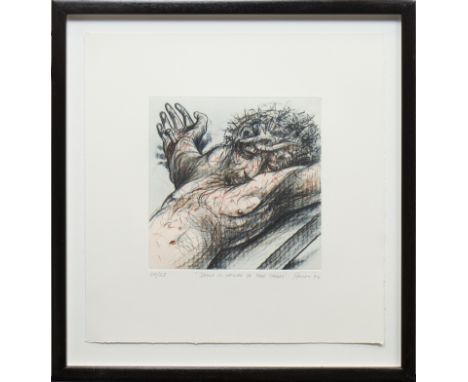 * PETER HOWSON OBE JESUS IS NAILED TO THE CROSSetching with chine collé, signed and dated '04, numbered 20/2524.5cm x 24.5cmM