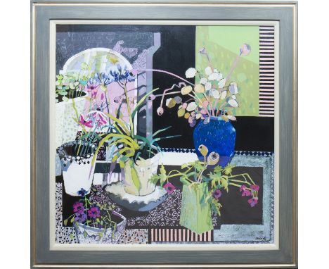 * CAROL DEWART,FLOWERS FROM A SUMMER GARDENoil on board, signed, further signed and titled verso79cm x 79cmFramed and under g