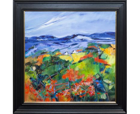SHELAGH CAMPBELL, RED GATE AND POPPIES ON ARRANacrylic on canvas, signed 66.5cm x 67cmFramed