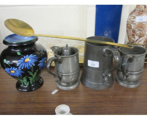 THREE PEWTER MUGS TOGETHER WITH A BRASS LADLE AND ENGLISH FALCONWARE BLACK GLAZED JUG