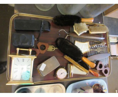 TRAY CONTAINING BRUSHES, CLOCK ETC TO INCLUDE TWO SILVER HAIR BRUSHES