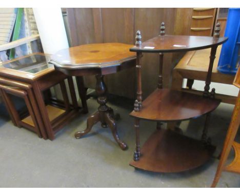 MODERN THREE TIER CORNER SHELF TOGETHER WITH A MODERN REPRODUCTION SIDE TABLE ON TRIPOD BASE, 59CM HIGH