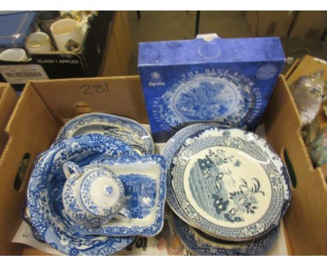BOX OF BLUE AND WHITE SPODE CHINA ETC