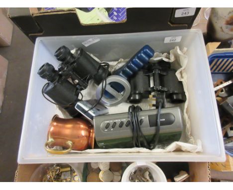BOX CONTAINING TWO BINOCULARS, CANON CAMERA ETC