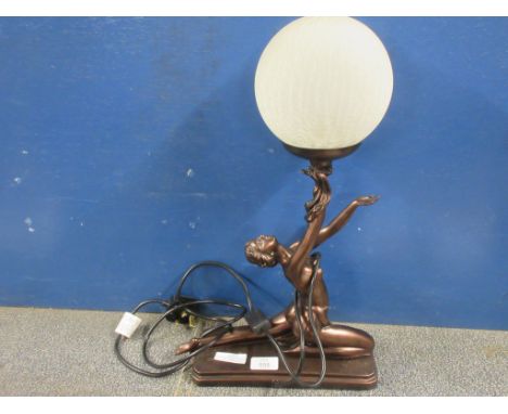 BRONZED EFFECT PAINTED LAMP OF A FIGURE OF A LADY HOLDING GLOBE GLASS LIGHT