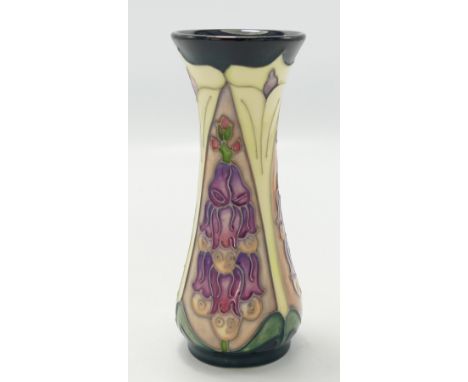 Moorcroft Foxglove vase: Height 13cm, boxed.