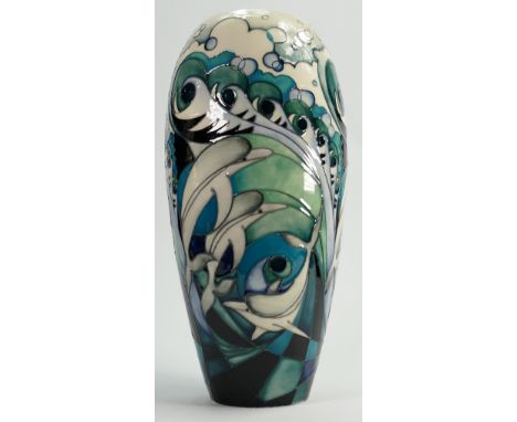 A Moorcroft pottery vase c2015: By Nicola Slaney, limited edition 43/50, tube line decorated with Dolphins, 37.5cm high.