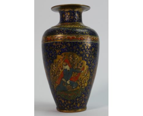 Persian Polychrome enamel on brass vase: With panels of dignitaries, flora and birds (distressed), height 13cm.