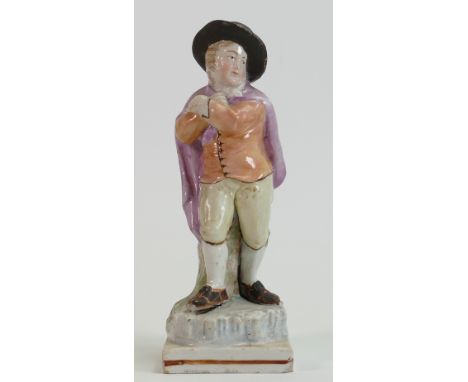 19th c Staffordshire square based figure: Man with cloak, chips to 2 base corners, damage to back base edge, blemishes to edg