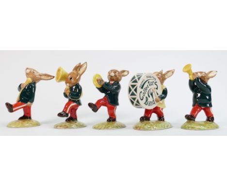 Rare Royal Doulton Bunnykins figures from the Oompah Band in a Green Colour way: Comprising Sousaphone DB105, Trumpet DB106, 