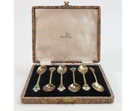 Set of six cased silver and enamel coffee spoons: Hallmarks for Birmingham 1955. Weight 61.7g Good condition.