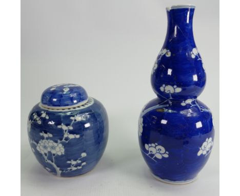 19th Century Chinese Porcelain Vases &amp; Ginger Jar: Decorated with Blue &amp; White Prunus, vase damaged &amp; drilled for