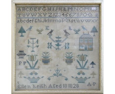 19th century framed Sampler dated 1828: Frame size 29cm x 30cm