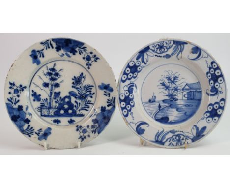 Two 18th century English blue and white Delft plates: One described as London c1770 with extensive damage and enamel chips to