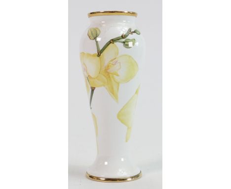 Moorcroft enamel trial vase with yellow flowers: By F Williams dated 13-10-04, height 11cm.