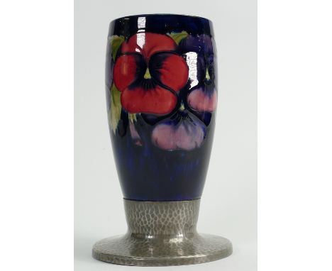 Moorcroft vase decorated in the Pansy design: On Tudric pewter base, height 18.25cm.