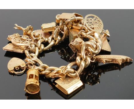 9ct gold bracelet with 20 good 9ct gold charms: Including Concorde, Toby jug, miners lamp etc., 93.6g.