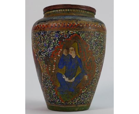 Persian Polychrome enamel on copper vase: With panels of male dignitaries, flora and birds (distressed), height 14cm.